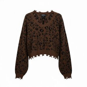 Freshman 1996 Leopard Print Distressed Cropped V-neck Sweater Brown Black Large